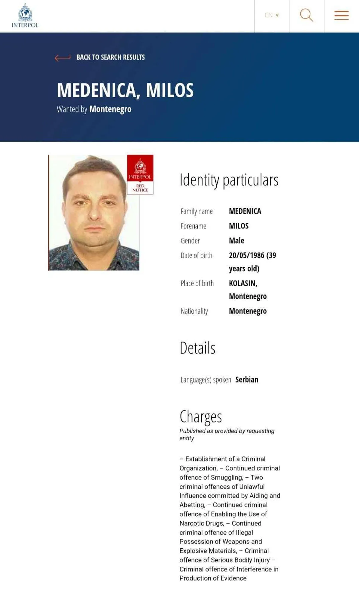 Crvena potjernica za Milošem Medenicom zbog bjekstva