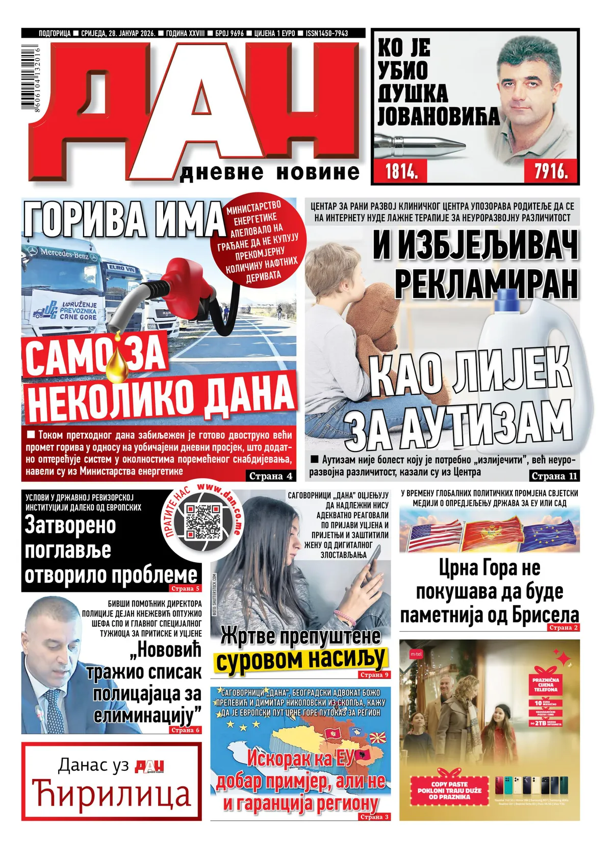 Naslovna strana "Dana" za 28. januar 2026. godine