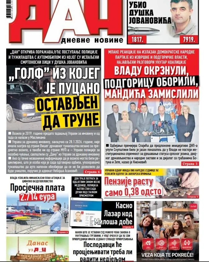 Naslovna strana 'Dana' za 31. januar 2026.