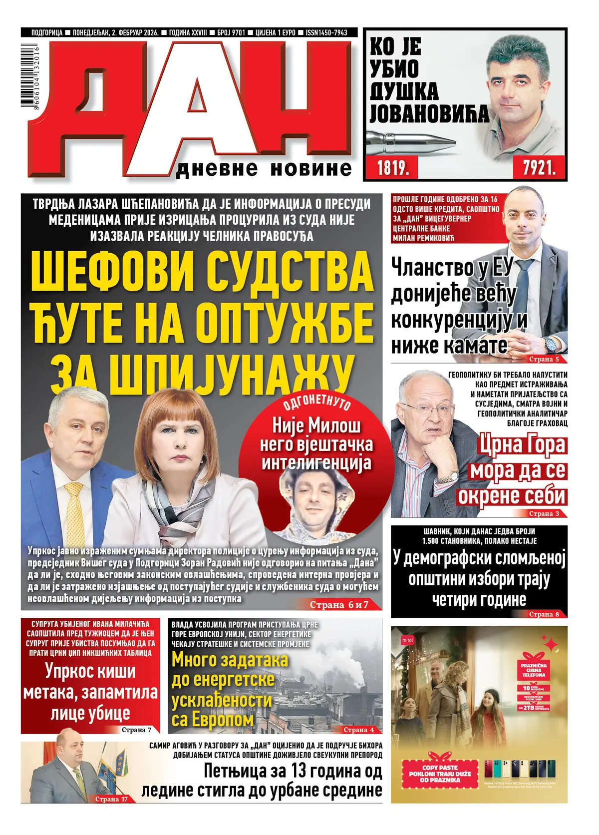 Aktuelnosti iz domaće i svjetske scene u 'Danu' za 2. februar