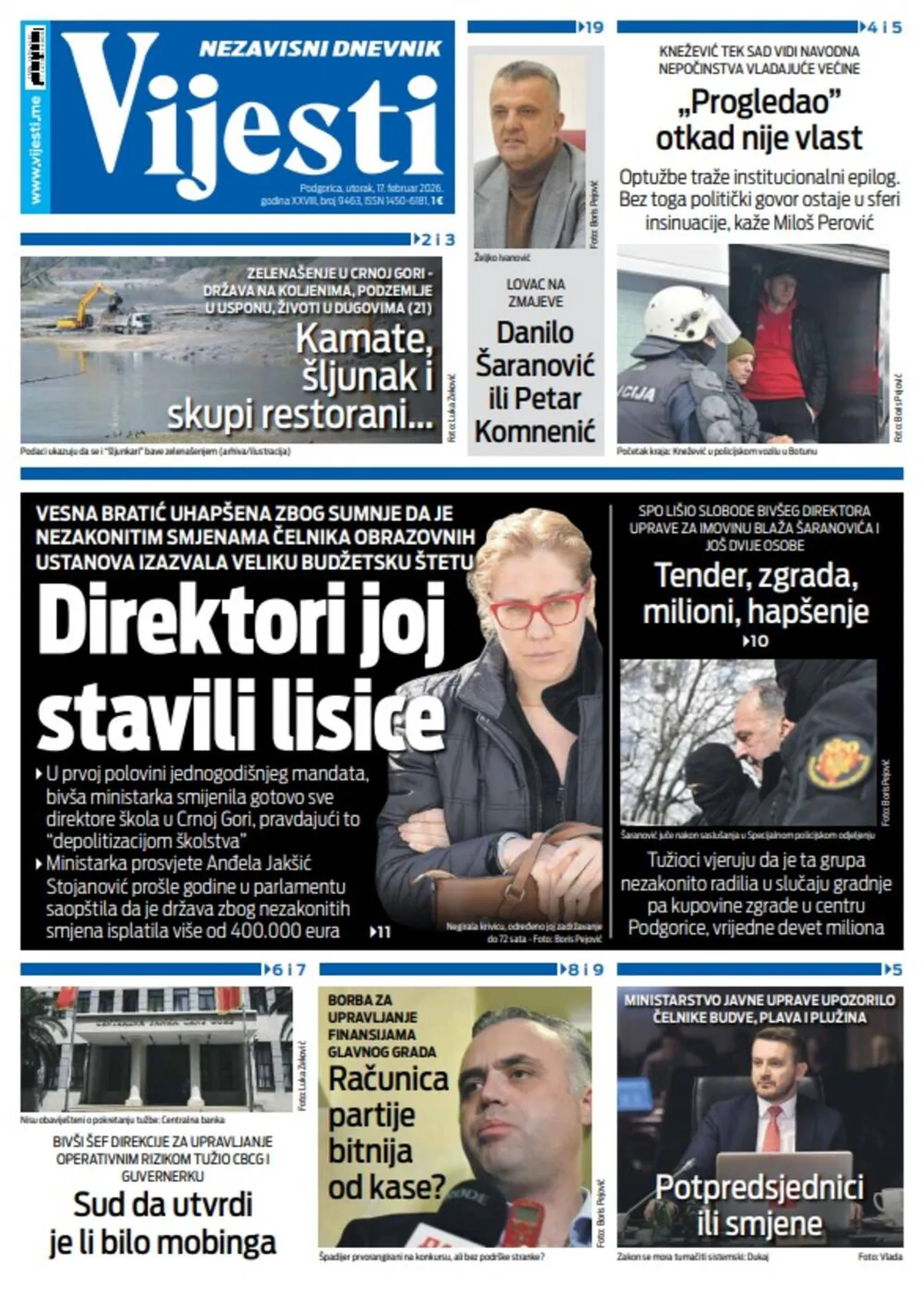 Glavne priče na naslovnoj strani Vijesti za 17. februar 2026.