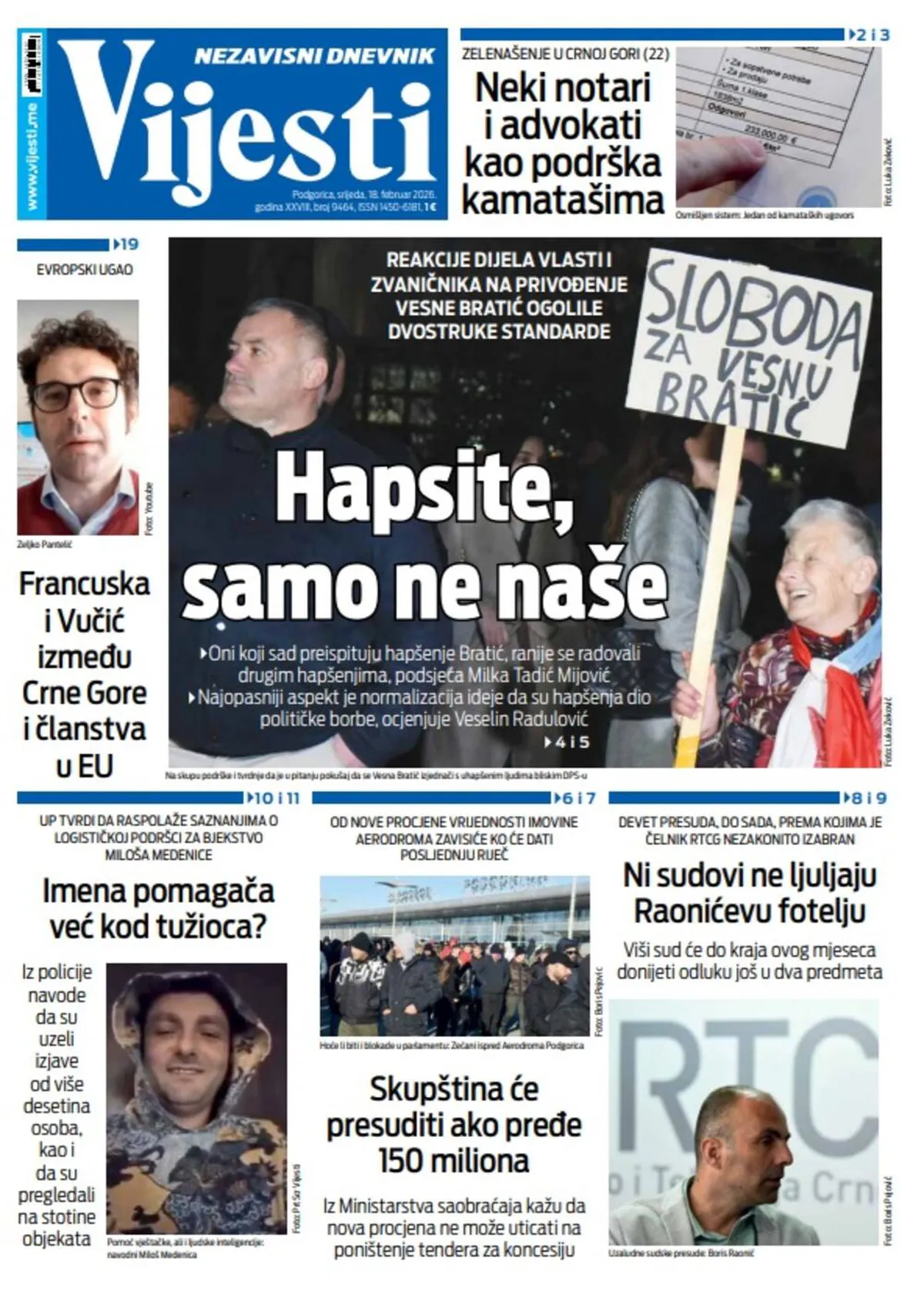 Glavne priče sa naslovne strane 'Vijesti' za 18. februar 2026.