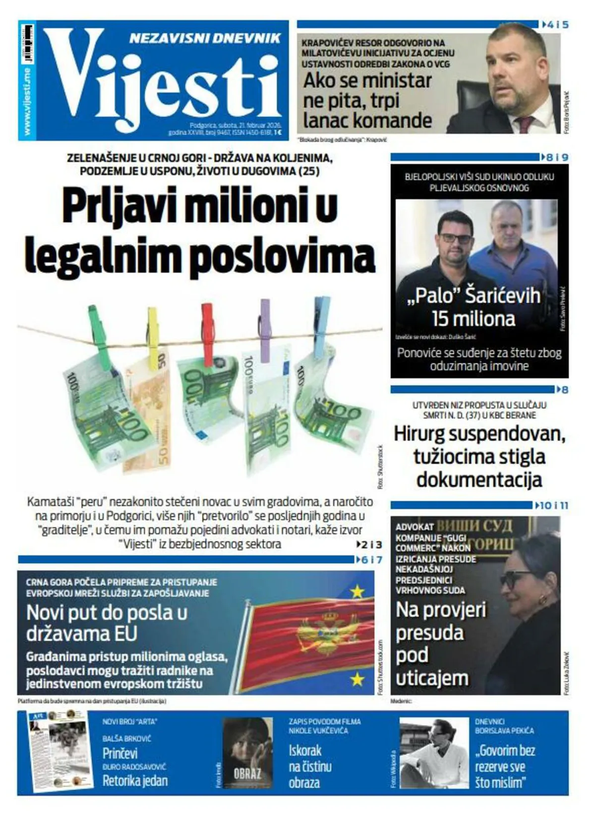 Glavne priče sa naslovne strane 'Vijesti' za 21. februar 2026.