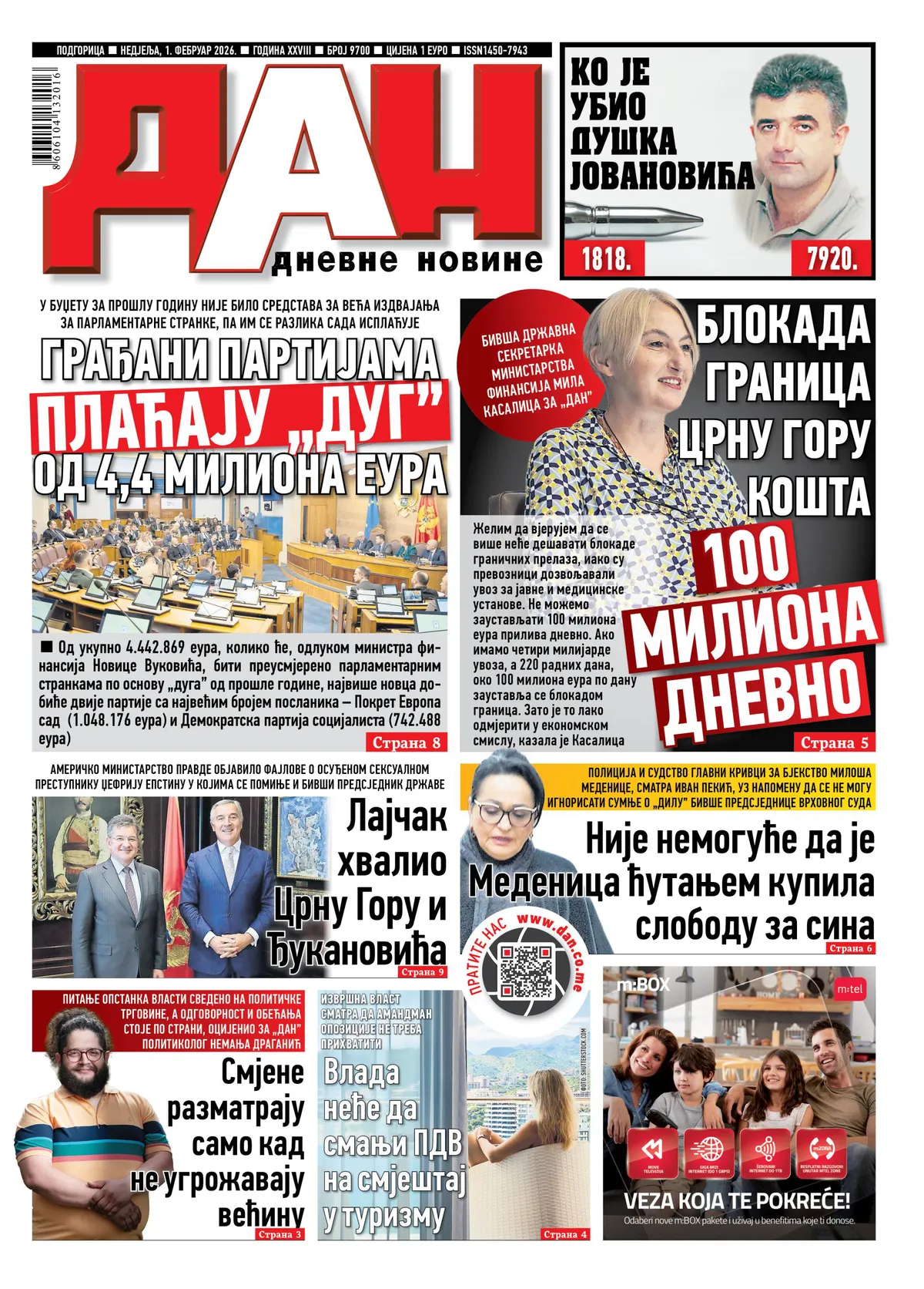 Naslovna strana 'Dana' za 1. februar 2026.