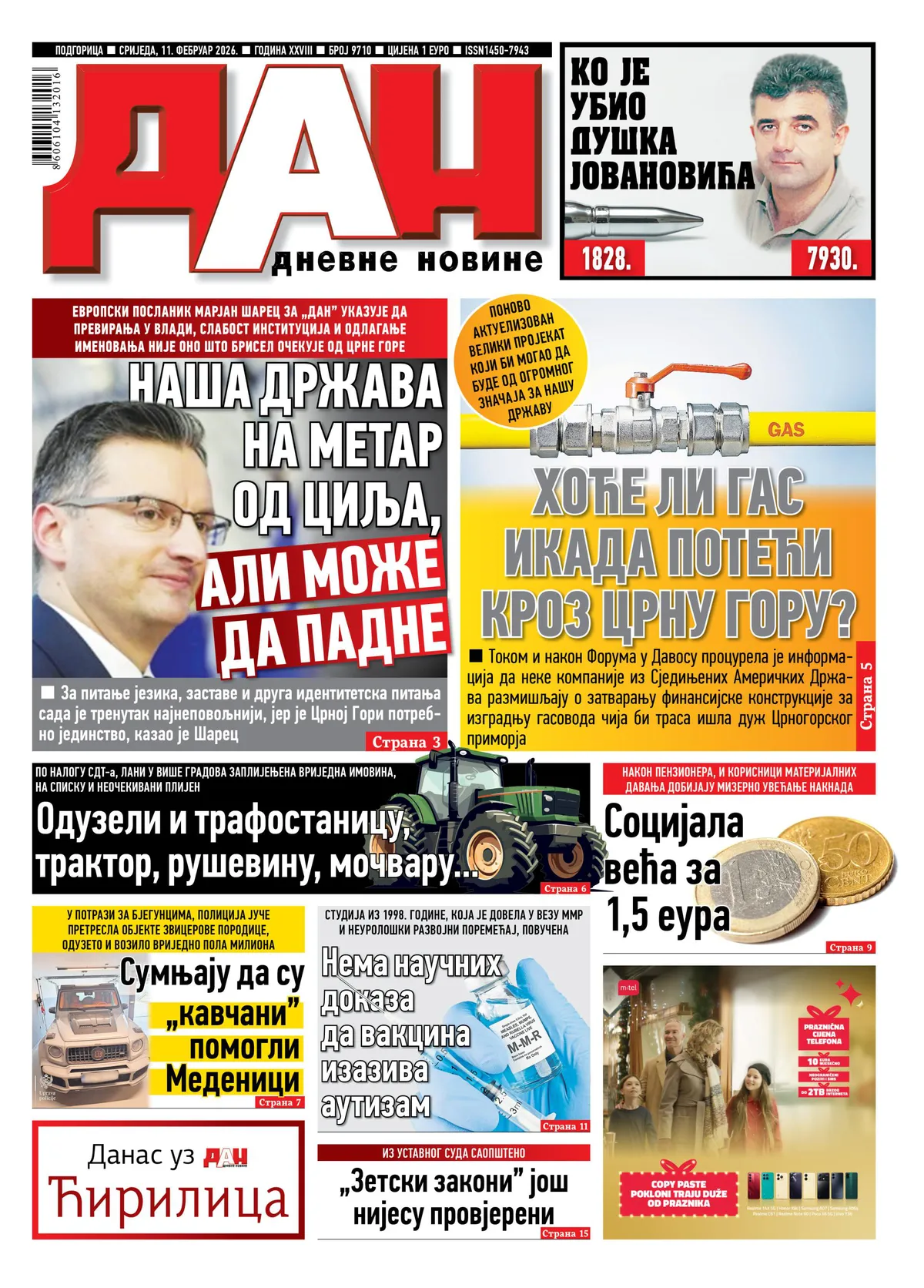 Naslovna strana 'Dana' za 11. februar 2026.