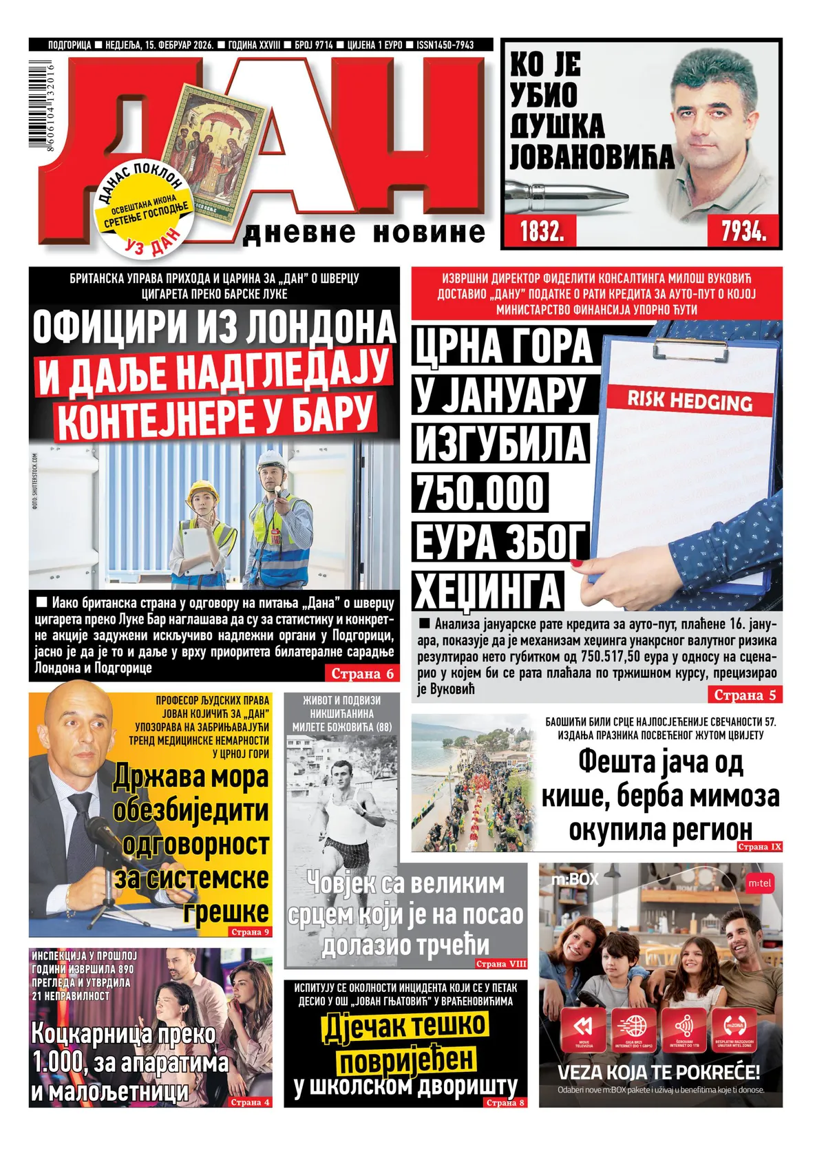 Naslovna strana 'Dana' za 15. februar 2026. godine