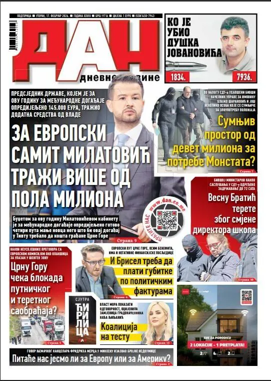 Naslovna strana "Dana" za 17. februar 2026. godine