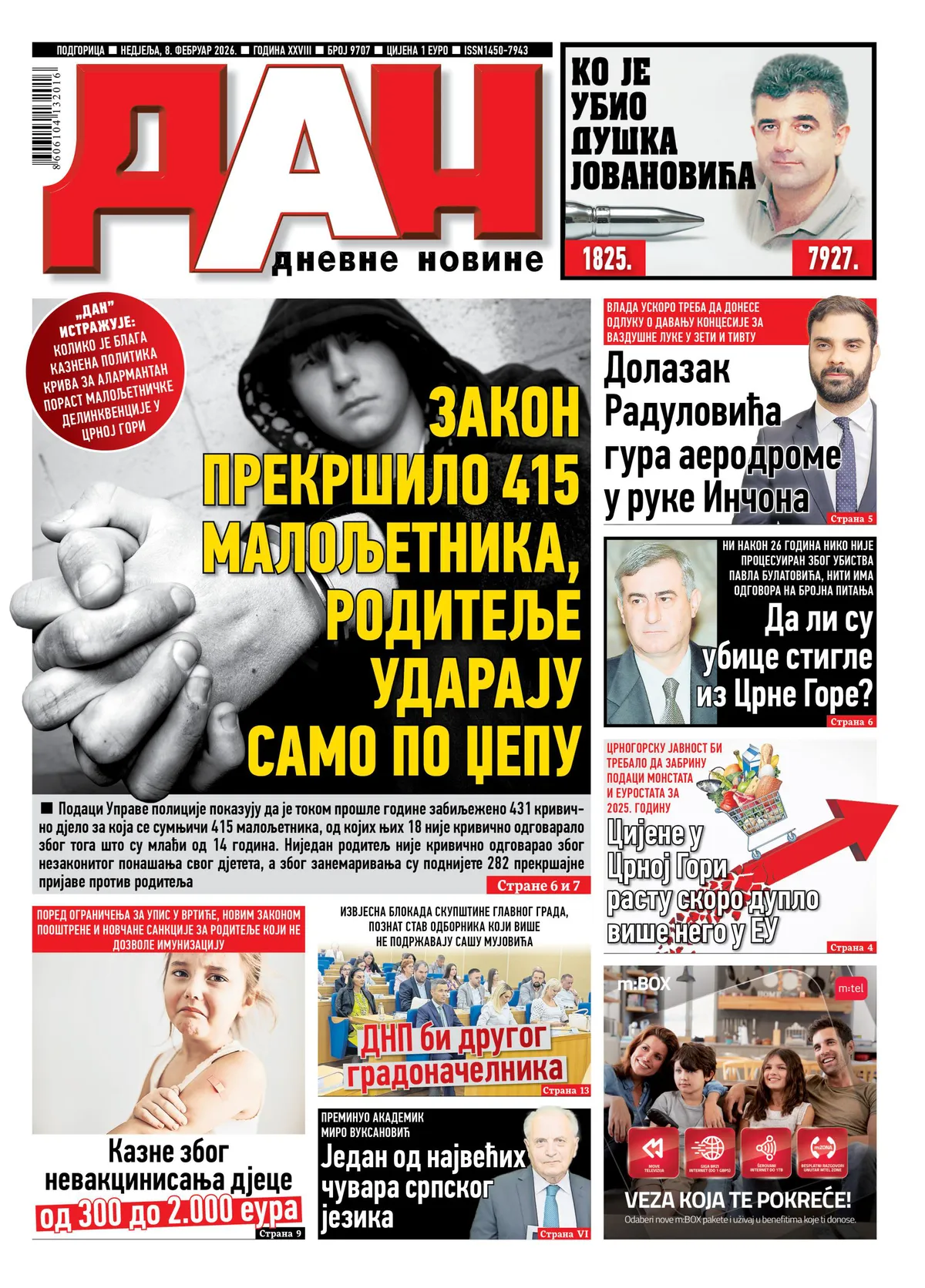 Naslovna strana 'Dana' za 8. februar 2026. godine