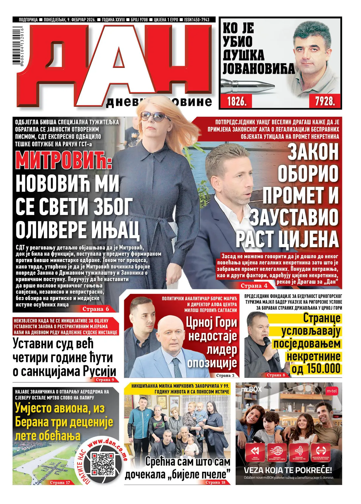 Naslovna strana 'Dana' za 9. februar 2026.