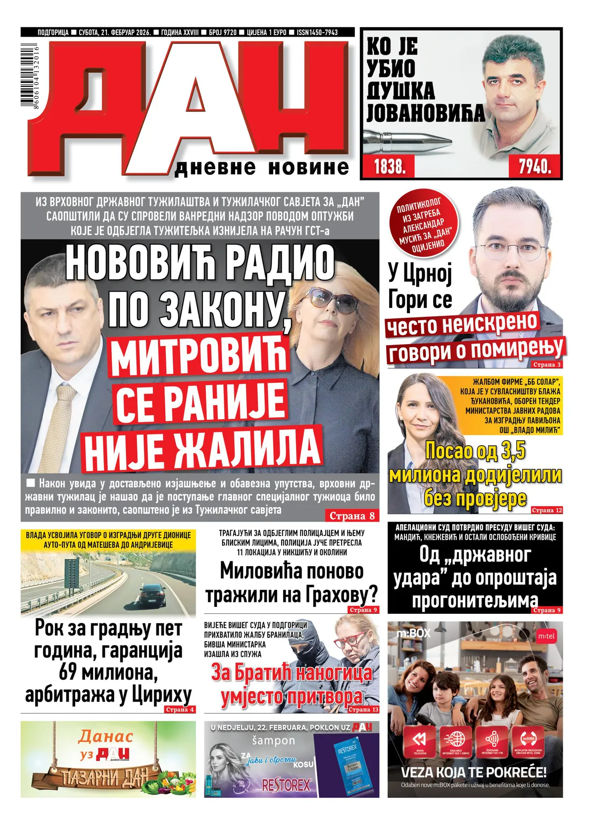 Naslovna strana dnevnih novina 'Dan' za 21. februar 2026.