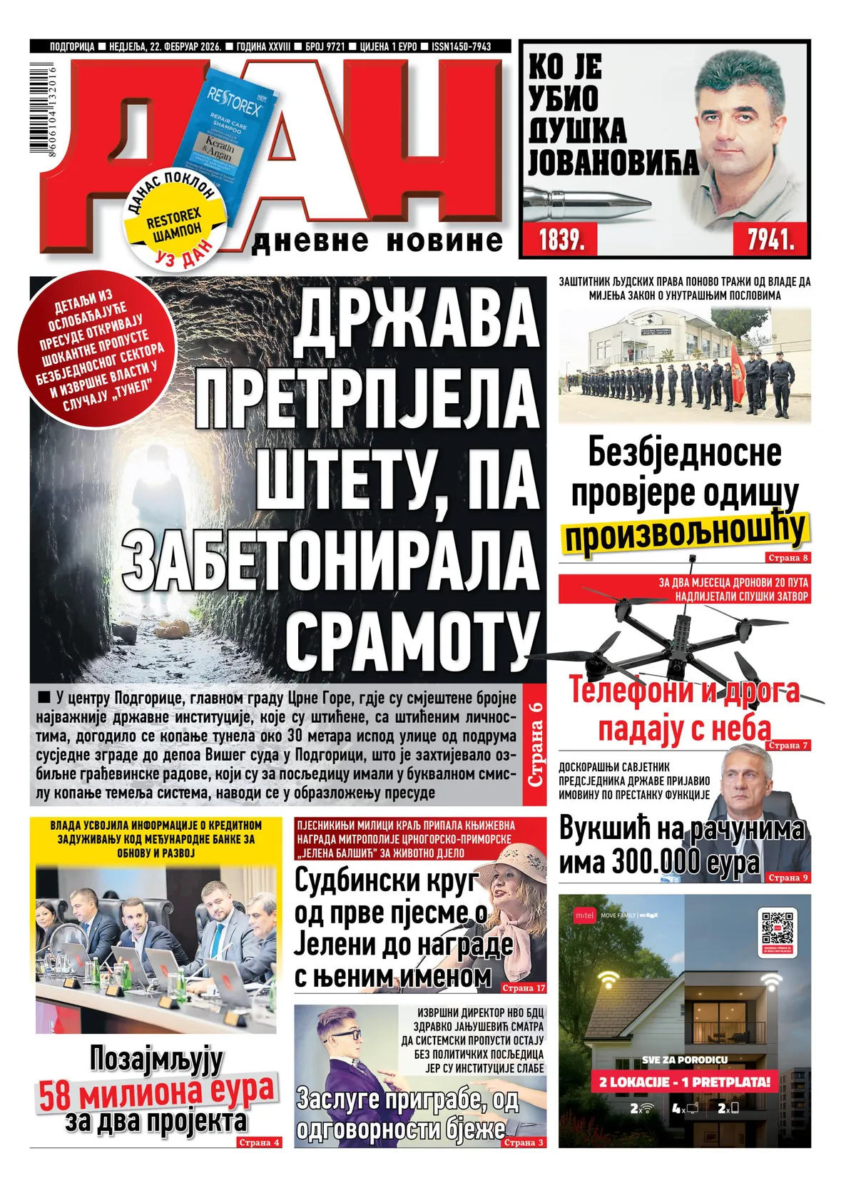 Naslovna strana Dnevnih novina 'Dan' za 22. februar 2026.