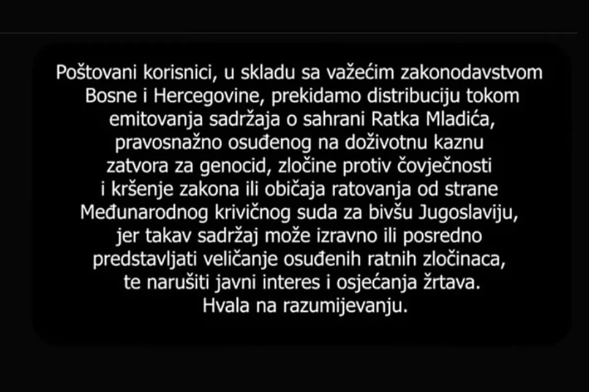 BH Telekom prekinuo signal RTRS-u tokom sahrane Ratka Mladića BH Telekom prekinuo signal RTRS-u tokom sahrane Ratka Mladića