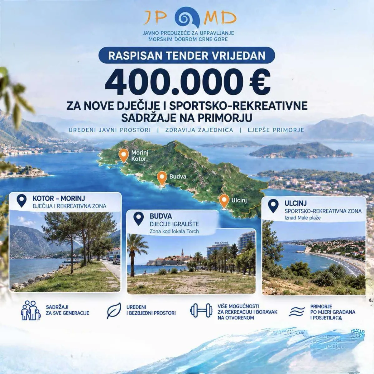 Morsko dobro obezbijedilo 400.000 eura za nove sadržaje u Budvi, Kotoru i Ulcinju Morsko dobro obezbijedilo 400.000 eura za nove sadržaje u Budvi, Kotoru i Ulcinju