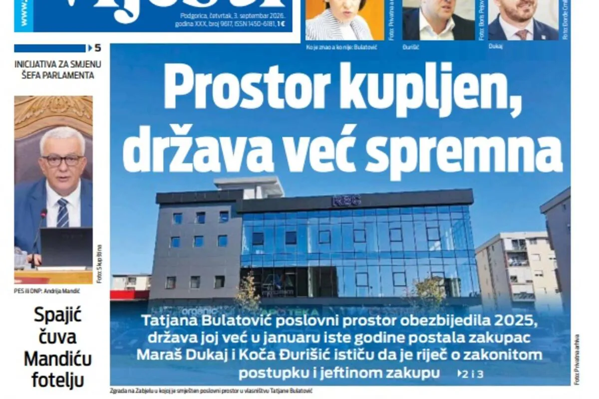 Naslovna strana 'Vijesti' za 3. septembar 2026. godine