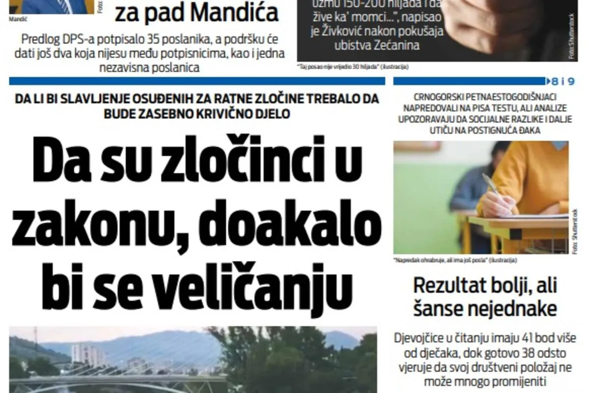 Naslovna strana 'Vijesti' za 9. septembar 2026. godine