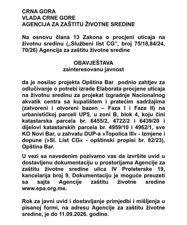Opština Bar podnela zahtjev za izgradnju akvatik centra Opština Bar podnela zahtjev za izgradnju akvatik centra