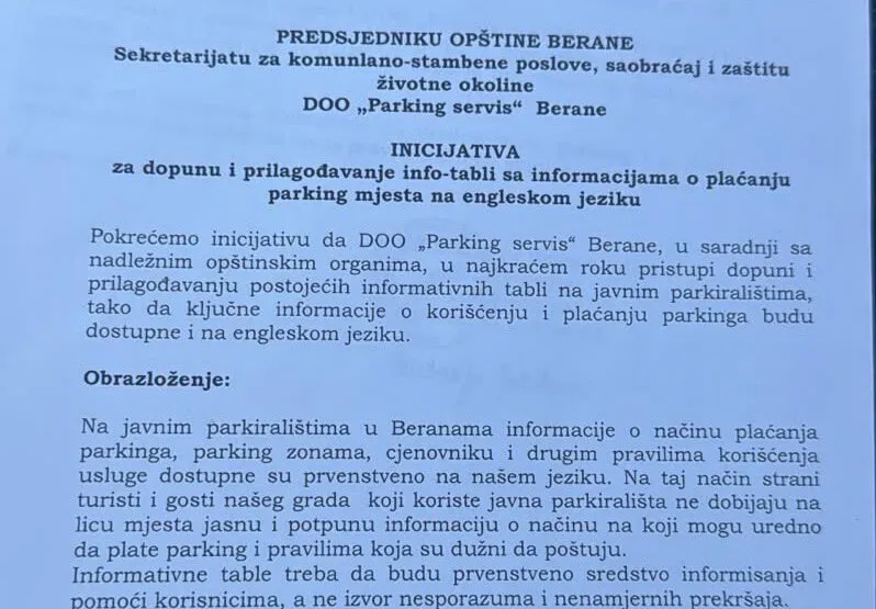 Savjet mladih DPS Berane predlaže dopunu parking tabli na engleskom jeziku Savjet mladih DPS Berane predlaže dopunu parking tabli na engleskom jeziku